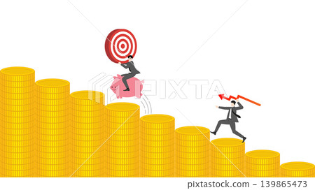 Businessman throwing red downward trend arrow at competitor riding piggy bank holding target on decreasing stacks of golden coins bar chart background for financial investment risk loss Businessman throwing red downward trend arrow at competitor riding piggy bank holding target on decreasing stacks of golden coins bar chart background for financial investment risk loss 139865473