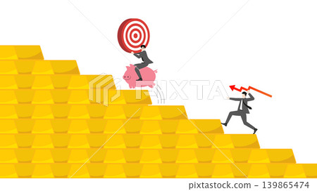 Businessman throwing red downward trend arrow at competitor riding piggy bank holding target on decreasing stacks of gold bullions bar chart background for investment market crash loss Businessman throwing red downward trend arrow at competitor riding piggy bank holding target on decreasing stacks of gold bullions bar chart background for investment market crash loss 139865474