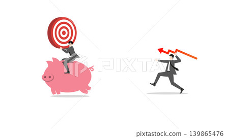Businessman throwing red downward trend arrow graph at competitor riding pink piggy bank holding target bullseye on white background for market financial loss and asset rebalancing Businessman throwing red downward trend arrow graph at competitor riding pink piggy bank holding target bullseye on white background for market financial loss and asset rebalancing 139865476