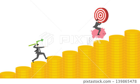 Businessman throwing green growth arrow graph at competitor riding piggy bank holding target on rising stacks of golden coins bar chart background for financial investment wealth profit Businessman throwing green growth arrow graph at competitor riding piggy bank holding target on rising stacks of golden coins bar chart background for financial investment wealth profit 139865478
