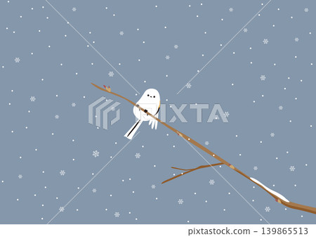 一幅插圖,描繪了一隻長尾山雀棲息在陰沉多雪的天空下的樹枝上。 一幅插圖,描繪了一隻長尾山雀棲息在陰沉多雪的天空下的樹枝上。 139865513