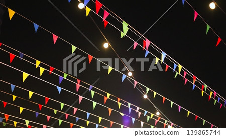 Colorful Bunting and Lights Overhead at Night Colorful Bunting and Lights Overhead at Night 139865744