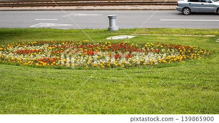 Round flower bed on a green grass lawn on the background of a road with a car, urban landscape Round flower bed on a green grass lawn on the background of a road with a car, urban landscape 139865900