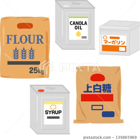 Commercial-sized flour, canola oil, margarine, syrup, and refined sugar Commercial-sized flour, canola oil, margarine, syrup, and refined sugar 139865969
