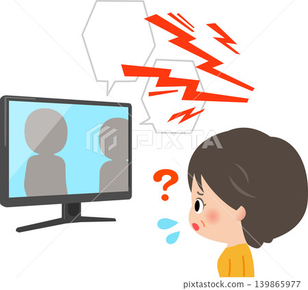 A middle-aged woman is confused because she can't hear the TV sound due to the noise. A middle-aged woman is confused because she can't hear the TV sound due to the noise. 139865977