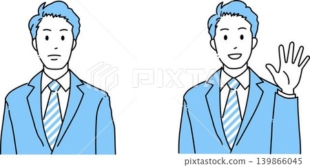 A set of simple line art illustrations featuring a businessman greeting someone and another businessman facing forward. A set of simple line art illustrations featuring a businessman greeting someone and another businessman facing forward. 139866045