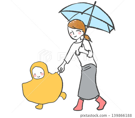 下雨天，一位家長和孩子手牽手散步。 139866188