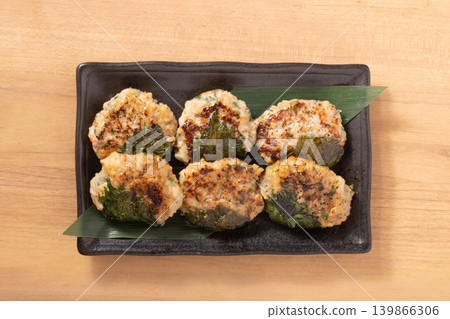 Chicken and pork meatballs with cartilage wrapped in perilla leaf. Chicken and pork meatballs with cartilage wrapped in perilla leaf. 139866306