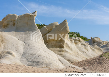 White, strangely shaped rocks and geological formations towering over Katano Coast in Kaga City, Ishikawa Prefecture. White, strangely shaped rocks and geological formations towering over Katano Coast in Kaga City, Ishikawa Prefecture. 139866365