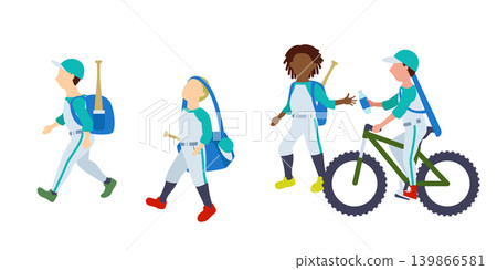 Flat vector illustration of young baseball players on the move Flat vector illustration of young baseball players on the move 139866581