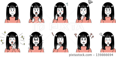 女孩臉部表情包 | 10種表情（喜悅、憤怒、悲傷、快樂） | 黑髮 | 簡約線條畫 139866694
