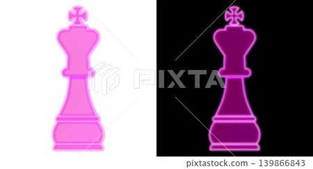 Glowing purple neon chess king piece, available with transparent and black backgrounds, decorative icon material. 139866843