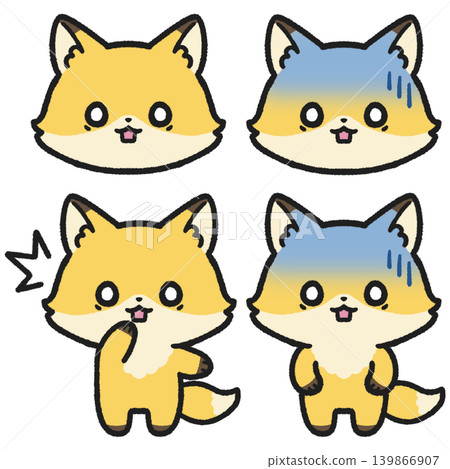 A set of illustrations of foxes with surprised, shocked, and astonished expressions. 139866907