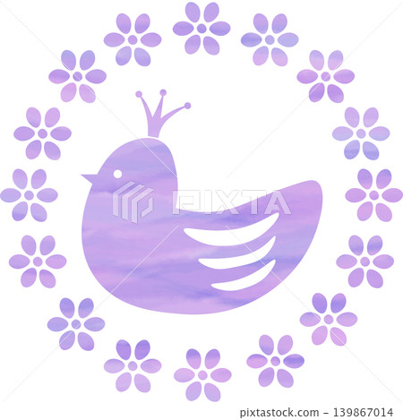 An illustration of a beautiful watercolor-patterned crowned bird and wreath icon. 139867014