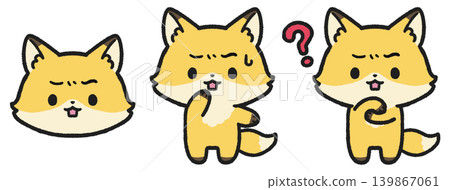 A set of illustrations of a fox with a puzzled expression and a question mark. A set of illustrations of a fox with a puzzled expression and a question mark. 139867061