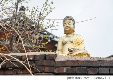 Golden Buddha statue on wall at Bukchon Hanok Village, Seoul 139867104