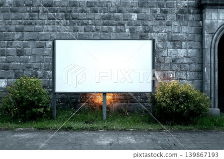 Wide format billboard in front of a stone wall. 139867193