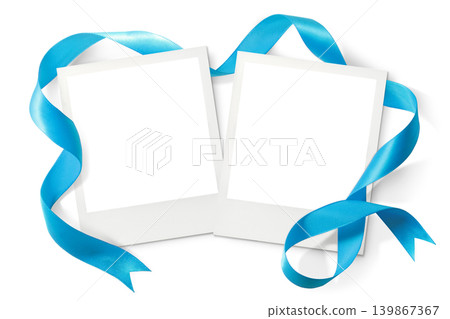 A frame for compositing Polaroid photos, bordered with a light blue ribbon. 139867367