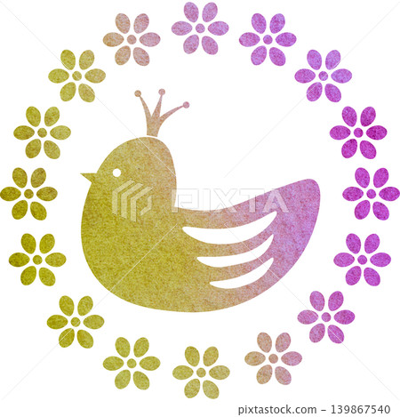 An illustration of a beautiful watercolor-patterned crowned bird and wreath icon. An illustration of a beautiful watercolor-patterned crowned bird and wreath icon. 139867540