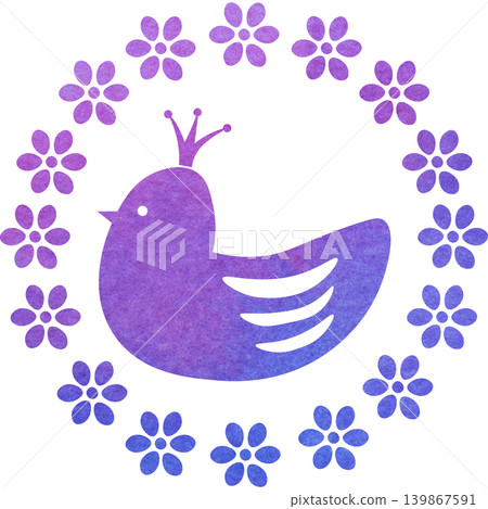 An illustration of a beautiful watercolor-patterned crowned bird and wreath icon. An illustration of a beautiful watercolor-patterned crowned bird and wreath icon. 139867591