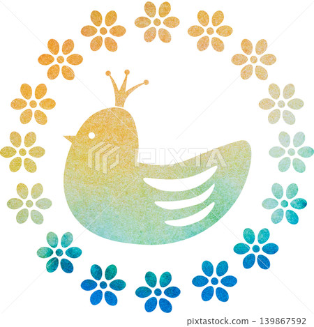 An illustration of a beautiful watercolor-patterned crowned bird and wreath icon. 139867592