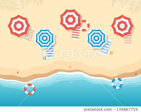 Top View of Summer Beach with Umbrellas and Towels 139867759