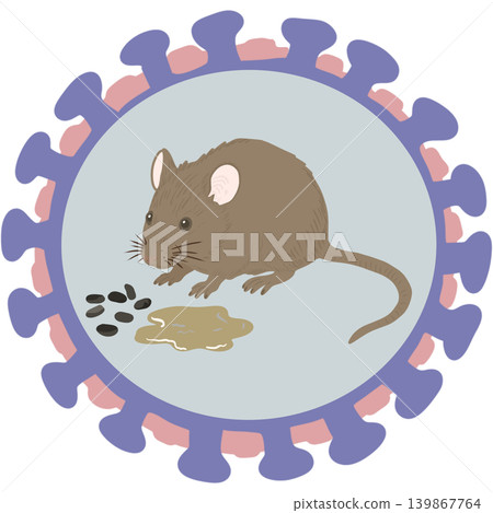 Educational illustration of a hantavirus concept featuring a brown rat with urine and droppings inside a stylized virus shape. Educational illustration of a hantavirus concept featuring a brown rat with urine and droppings inside a stylized virus shape. 139867764