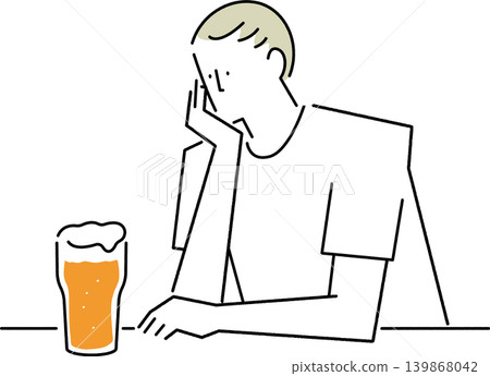 一名男子手托著腮,面前放著一杯啤酒,陷入沉思(白色背景)。 一名男子手托著腮,面前放著一杯啤酒,陷入沉思(白色背景)。 139868042