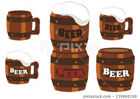 Illustration set of wooden beer mugs and beer barrels 139868199