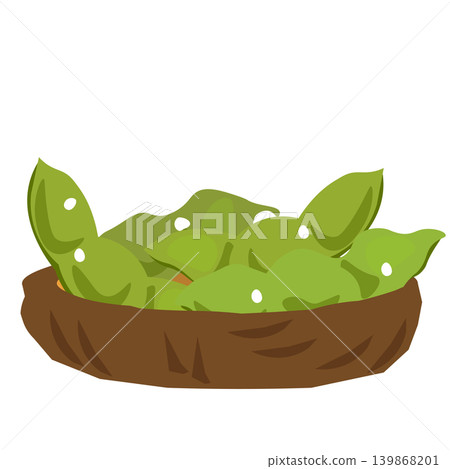 An illustration of boiled edamame beans in a small dish carved from wood. 139868201