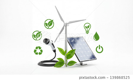 Renewable energy components with green icons renewable electricity charging electric technology sustainability environment recycling lightbulb resource generation alternatives innovation Renewable energy components with green icons renewable electricity charging electric technology sustainability environment recycling lightbulb resource generation alternatives innovation 139868525