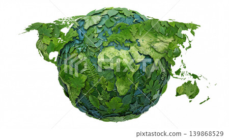Planet earth globe formed entirely by green leaves and foliage creating continents and oceans on a clean white background environmental sustainable continents ecosystem conservation protection Planet earth globe formed entirely by green leaves and foliage creating continents and oceans on a clean white background environmental sustainable continents ecosystem conservation protection 139868529