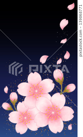A fantastical vertical background illustration of cherry blossoms and petals fluttering in the dark night sky. 139868771