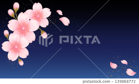 以夜空為背景的轉角相框設計，畫面中點綴著美麗的櫻花和花瓣。 139868772