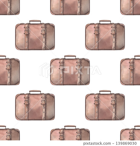 Closed vintage leather suitcase seamless pattern. Hand-painted watercolor illustration isolated on white for branding, printing on textile, wallpaper, packaging, stationery, travel blog, design, decor Closed vintage leather suitcase seamless pattern. Hand-painted watercolor illustration isolated on white for branding, printing on textile, wallpaper, packaging, stationery, travel blog, design, decor 139869030