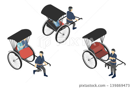 Isometric illustration: Rickshaw, rickshaw driver, and tourist set Isometric illustration: Rickshaw, rickshaw driver, and tourist set 139869473