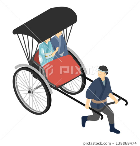 等距插圖：人力車、人力車夫和遊客 139869474