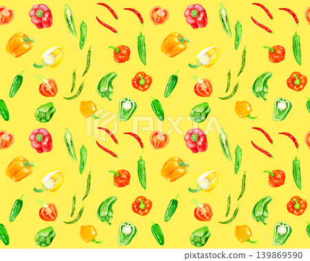 Colorful seamless pattern of peppers and related vegetables - hand-drawn watercolor illustration background material 139869590