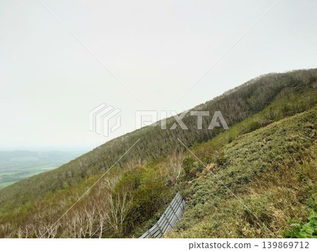 山口的山坡籠罩在薄霧之中，映襯著鬱鬱蔥蔥的綠色山丘。 139869712