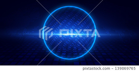Digital Binary Sphere Technology Background with Blue Neon Glow. 139869765