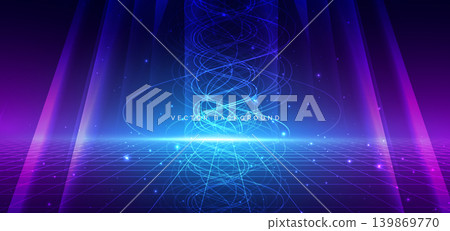 Futuristic Neon Light Stage Background with Digital Grid and Energy Waves. Futuristic Neon Light Stage Background with Digital Grid and Energy Waves. 139869770