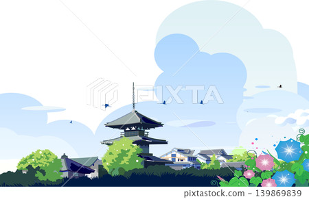 An illustration of a summer sky with morning glories in bloom and a traditional Japanese five-story pagoda. 139869839