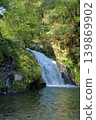 The view of the Dairyu Falls in Todoroki Gorge, Isahaya, cascading into the waterfall basin. 139869902