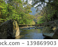 The stone bridges spanning the gorge of Todoroki Gorge in Isahaya during the season of fresh greenery. 139869903