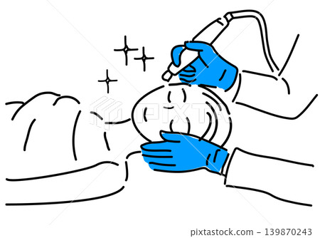 Simple hand-drawn line drawing of a woman receiving cosmetic medical treatment, specifically laser therapy. Simple hand-drawn line drawing of a woman receiving cosmetic medical treatment, specifically laser therapy. 139870243