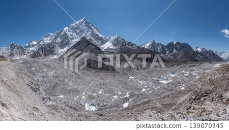 Panorama view of Khumbu glacier with others Himalayas peak in the background can seen while trekking nearly Everest base camp, Nepal. Panorama view of Khumbu glacier with others Himalayas peak in the background can seen while trekking nearly Everest base camp, Nepal. 139870345