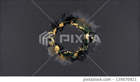A bird's-eye view background of dark gray Japanese paper, with ink and gold elegantly fused in a circular pattern in the center. A bird's-eye view background of dark gray Japanese paper, with ink and gold elegantly fused in a circular pattern in the center. 139870921