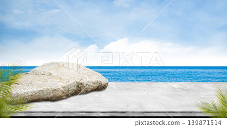 Summer background nature travel Palm leaves, cement table on sea blue sky, top Deck mockup product beauty cosmetic presentation, stage on water island at coast backdrop tourism relax , tropical ocean 139871514