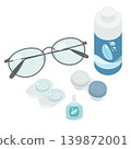A set of hand-drawn illustrations of eyeglasses and contact lens supplies. 139872001