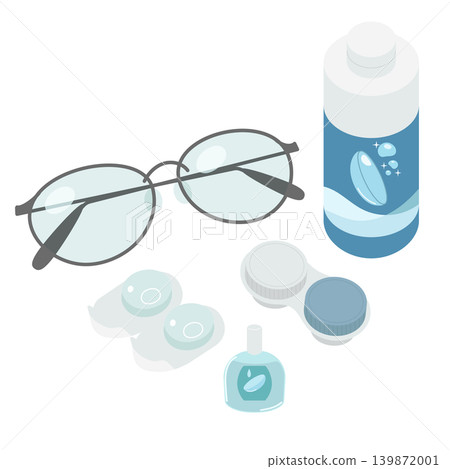 A set of hand-drawn illustrations of eyeglasses and contact lens supplies. A set of hand-drawn illustrations of eyeglasses and contact lens supplies. 139872001